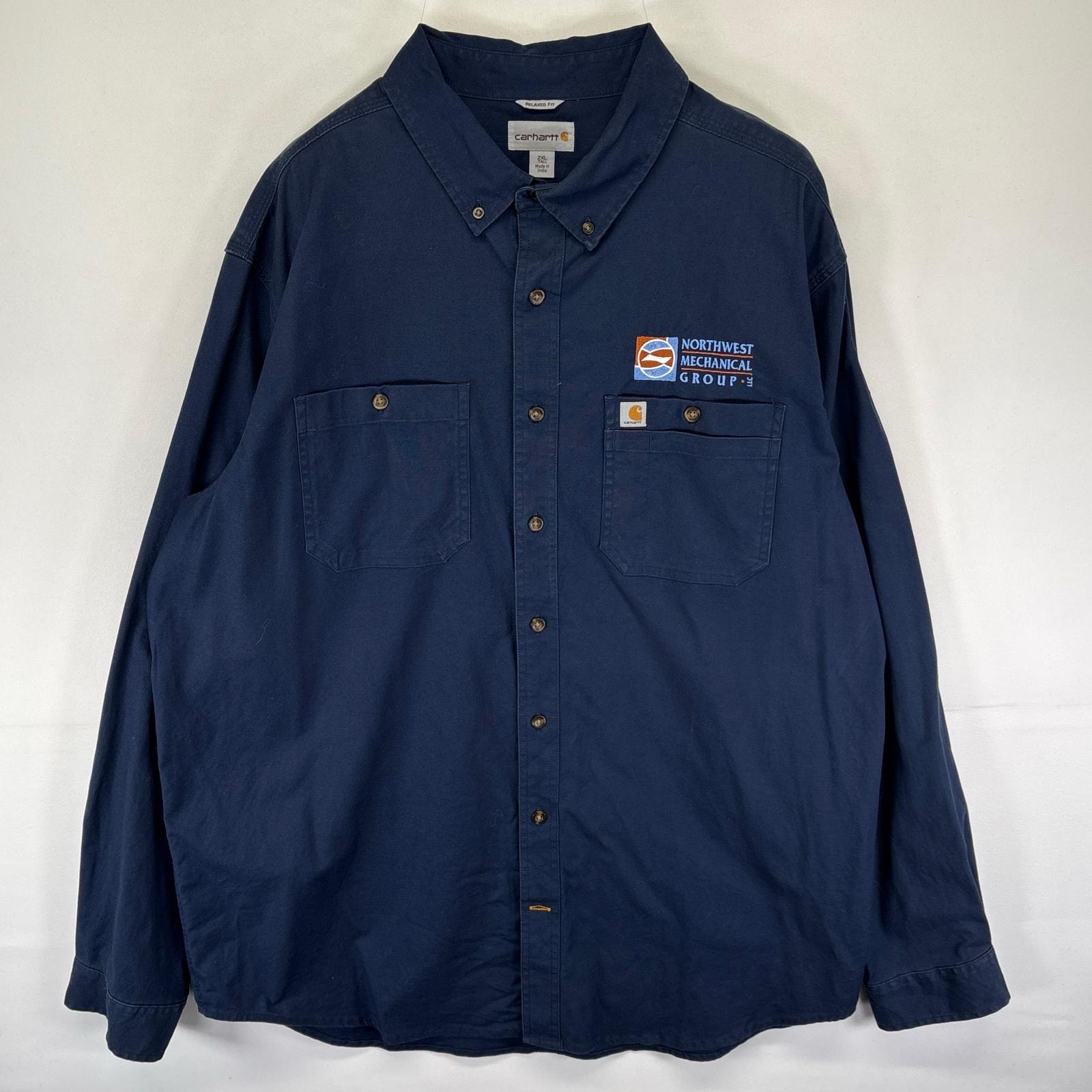 古着 カーハート Carhartt 長袖シャツ ボタンダウン ワークシャツ 企業刺繍 ワンポイントロゴ 大きいサイズ 2XL  ネイビー系 メンズ