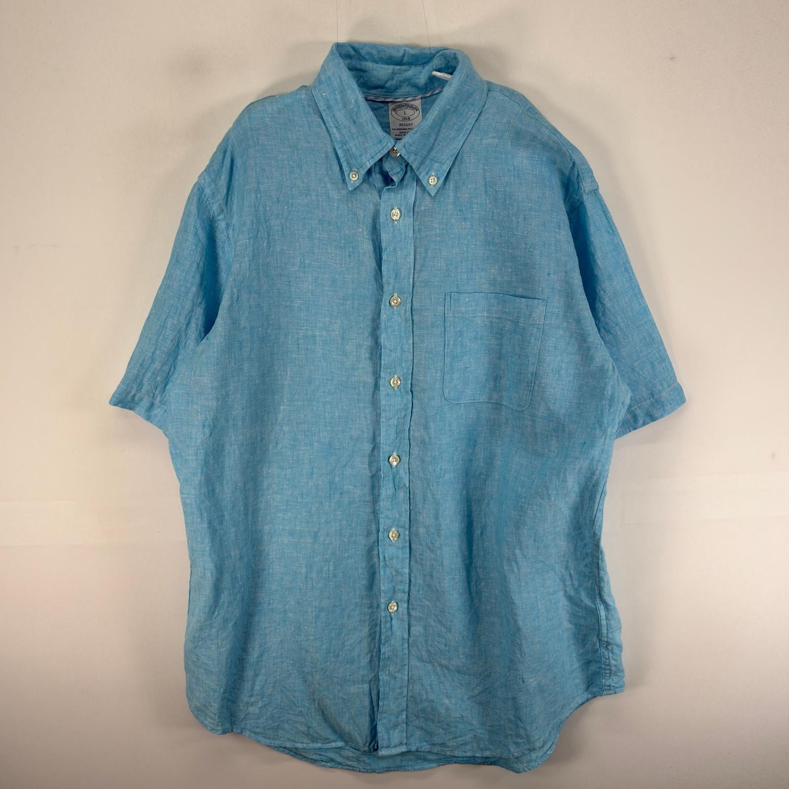 古着 ブルックスブラザーズ Brooks Brothers 半袖シャツ ボタンダウン リネン L  ブルー系 無地 メンズ