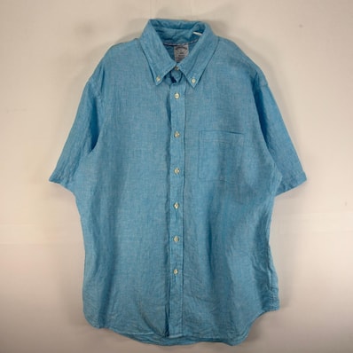 古着 ブルックスブラザーズ Brooks Brothers 半袖シャツ ボタンダウン リネン L ブルー系 無地 メンズ
