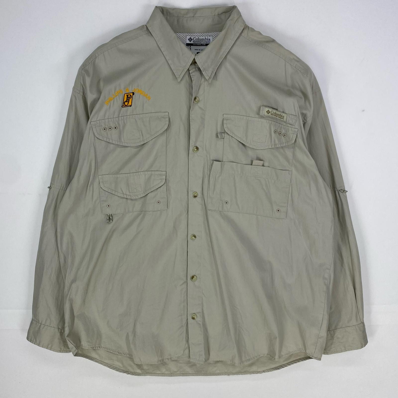 古着 コロンビア Columbia 長袖シャツ PFG フィッシングシャツ ワンポイントロゴ アウトドア ロングスリーブ L ベージュ系 メンズ