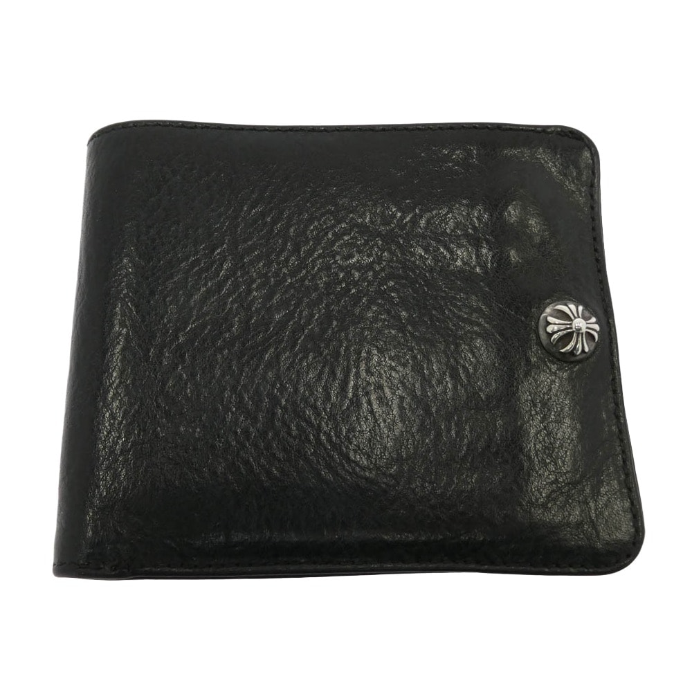 CHROME HEARTS クロムハーツ(原本無) 二つ折り財布 1SNAP 1スナップ クロスボールボタン レザー コンパクト ウォレット ブラック系 シルバー系【中古】