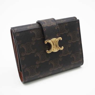 極美品 CELINE セリーヌ トリオンフキャンバス ファイン ストラップウォレット ニノ 10M962CQH 三つ折り財布 ブラウン コーティングキャンバス レザー レディース