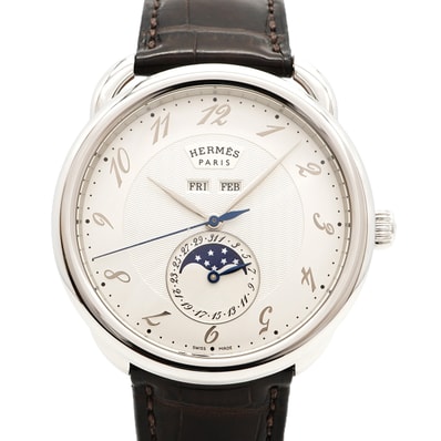 ★SALE【6wdc0258】エルメス アルソー グランド リュンヌ AR8.810 シルバー文字盤【中古】腕時計 メンズ