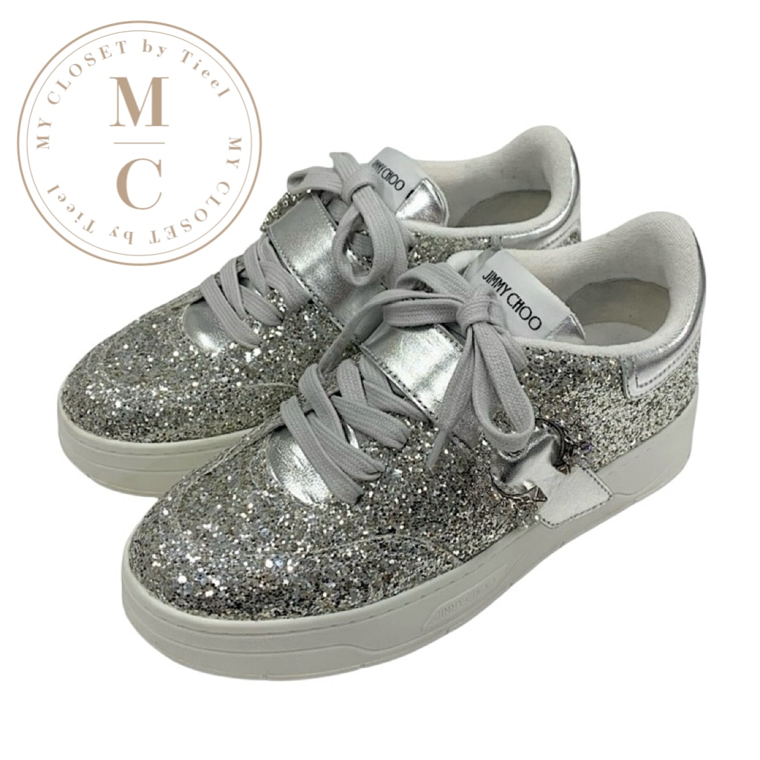 ジミーチュウ JIMMY CHOO OSAKA LACE UP スニーカー 靴 シューズ グリッター レザー シルバー ビジュー ベルト
