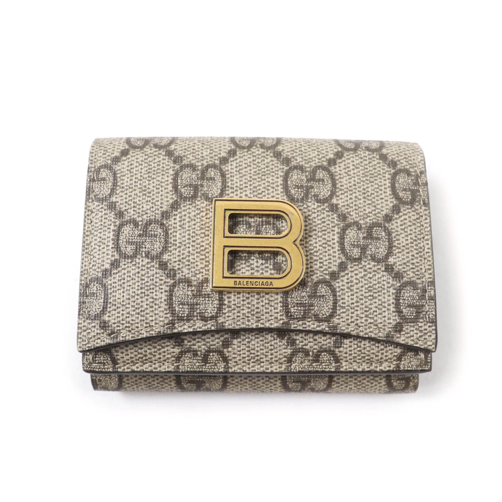 グッチ×バレンシアガ 三つ折り財布 ベージュ ブラウン レディース 681700