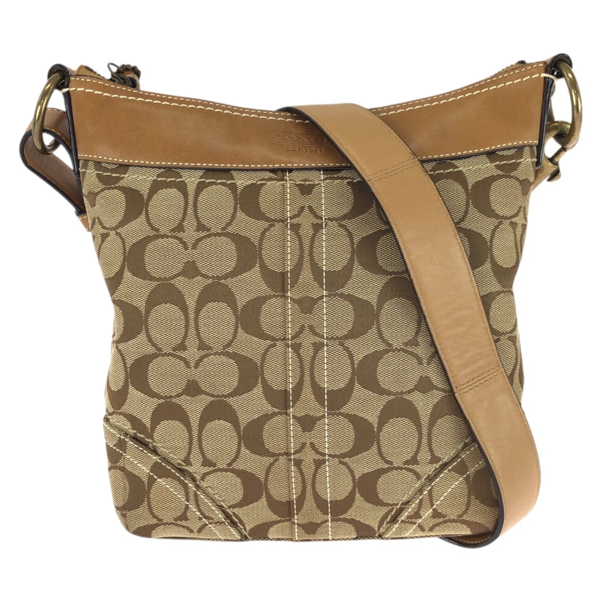 美品 COACH コーチ シグネチャー ベージュ ブラウン ゴールド金具 キャンバス レザー/ ショルダーバッグ 604104 【中古】