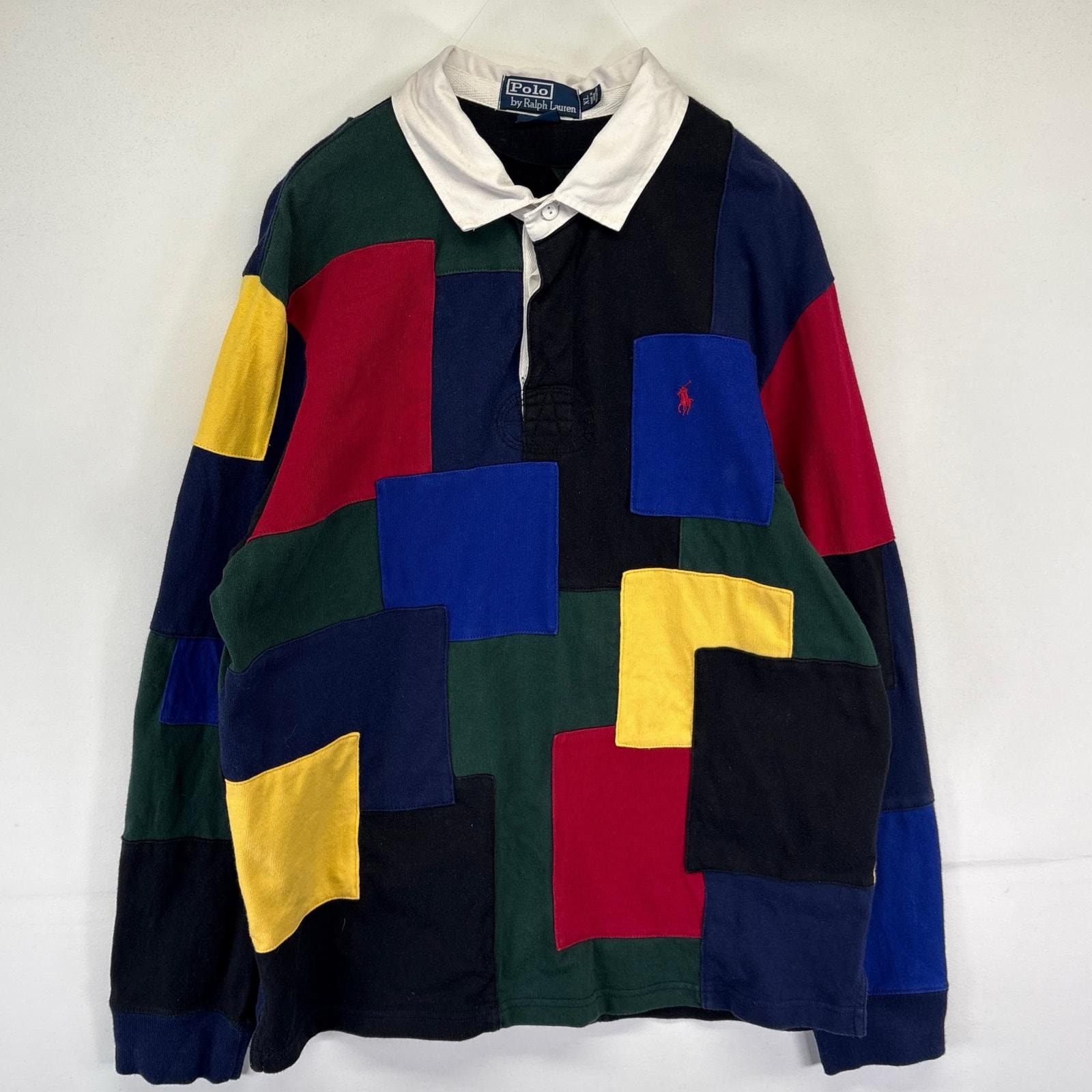 古着 ポロバイラルフローレン Polo by Ralph Lauren 長袖シャツ ラガーシャツ パッチワーク ワンポイント刺繍 XL マルチカラー メンズ