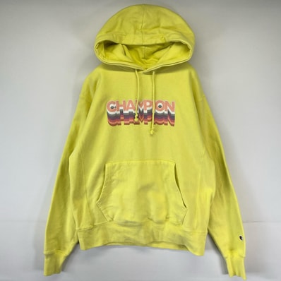 古着 チャンピオン Champion パーカー リバースウィーブ プルオーバー ワッペン ビッグロゴ スウェット M イエロー メンズ