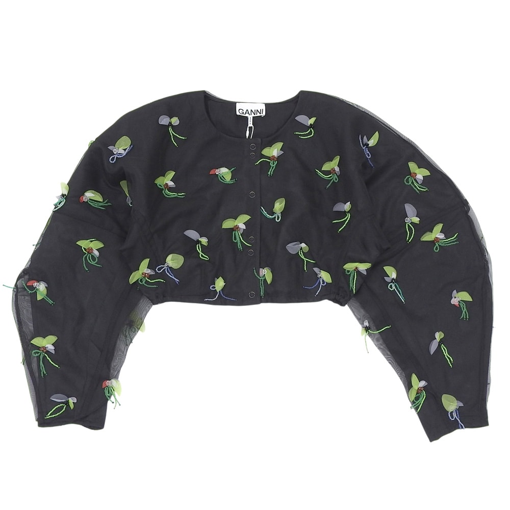 ガニー 新品同様 ボタニカルモチーフ クロップド シアージャケット レディース ブラック 32 F7572 32