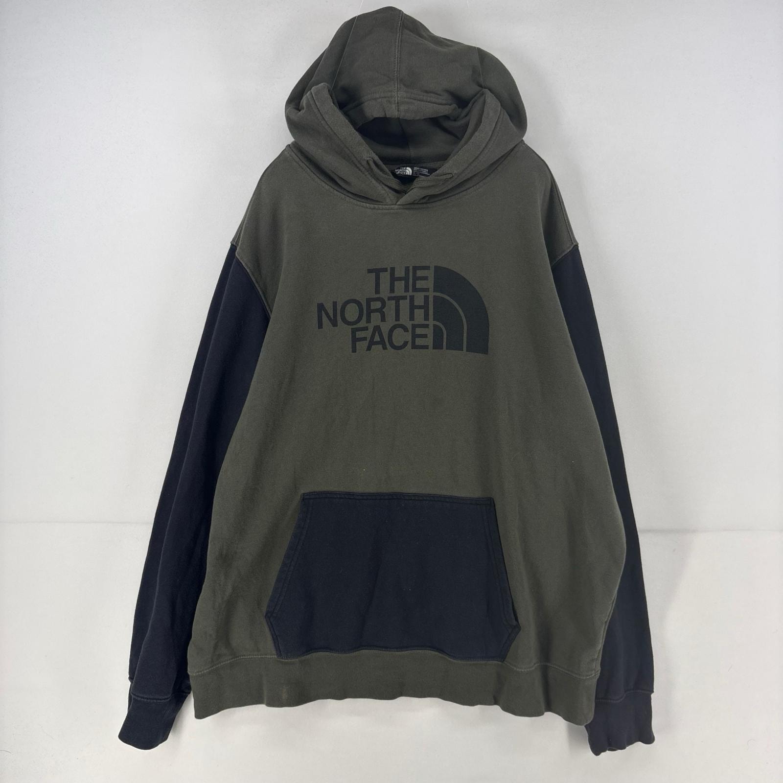 古着 ザ・ノースフェイス THE NORTH FACE スウェット ロゴ プリント ツートンカラー スウェット プルオーバー  XL  カーキ系 メンズ