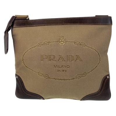 美品 PRADA プラダ ロゴジャガード ベージュ ブラウン シルバー金具 キャンバス ショルダーバッグ メッセンジャーバッグ 506304 【中古】