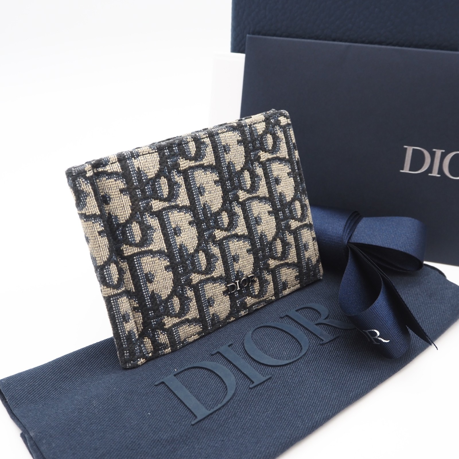 美品 Dior ディオール ディオール オブリーク ジャカード マネークリップ付き ウォレット 2ESBH069YSE マネークリップ ベージュ ネイビー キャンバス レザー メンズ
