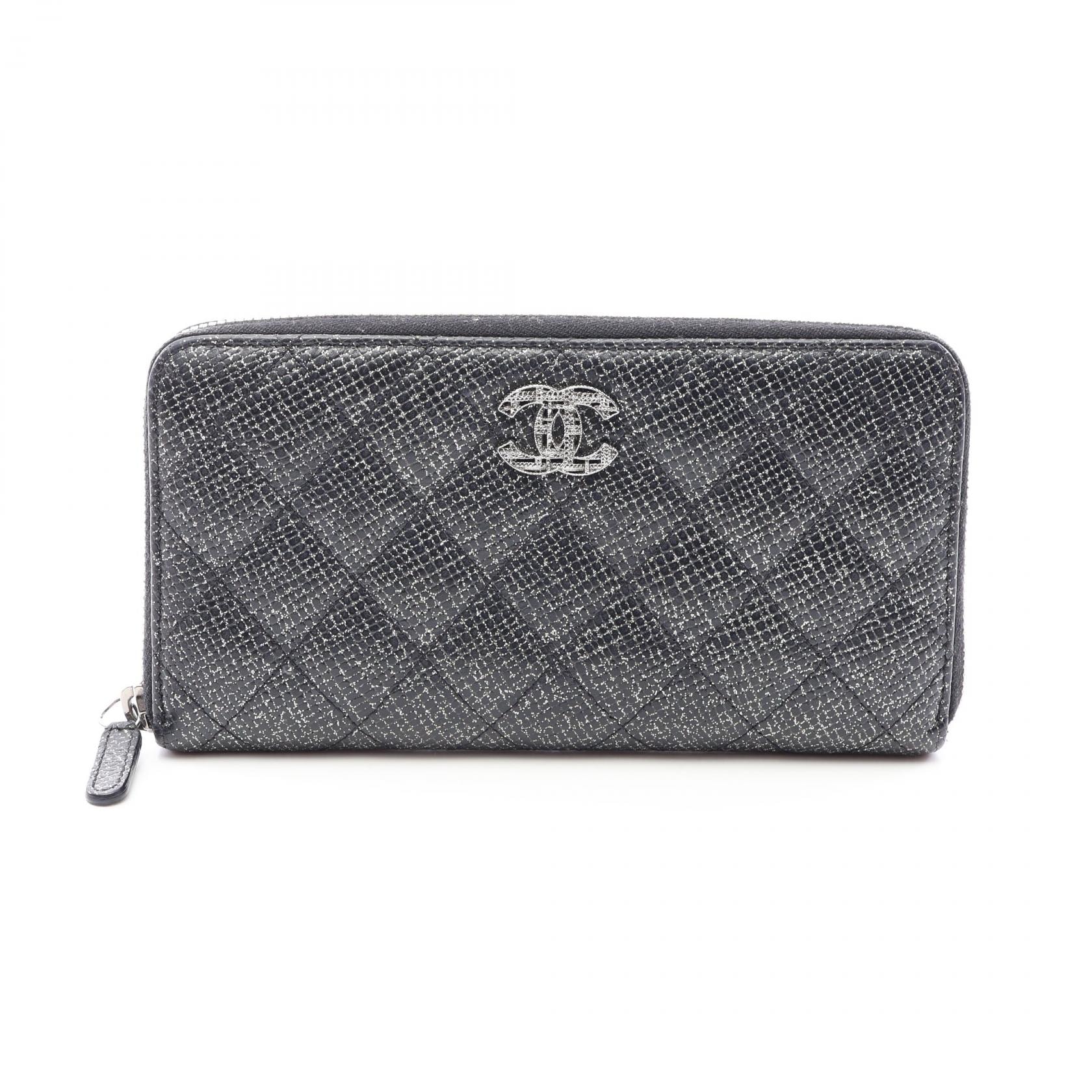 シャネル CHANEL マトラッセ ラメ ラウンド長財布 財布 キャビアスキン(グレインドカーフ) レディース ブラック系 【中古】
