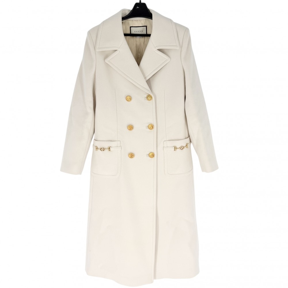 GUCCI グッチ コート ロングコート インターロッキングG アウター 上着 春 秋 服 42 592185 アイボリー ゴールド金具 ウール レディース 秋 冬【中古品】