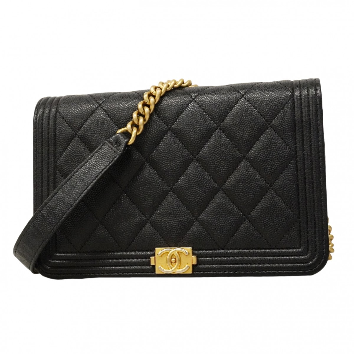 ★最終価格★SALE【6cd4675】シャネル ショルダーウォレット ボーイシャネル キャビアスキン ブラック ゴールド金具【中古】レディース
