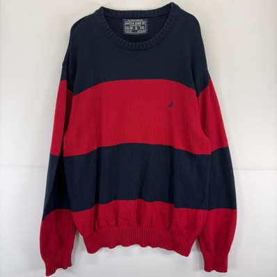 古着 ノーティカ NAUTICA ニット 大きいサイズ プルオーバー セーター ワンポイントロゴ 刺繍 クルーネック 2XL レッド系 メンズ