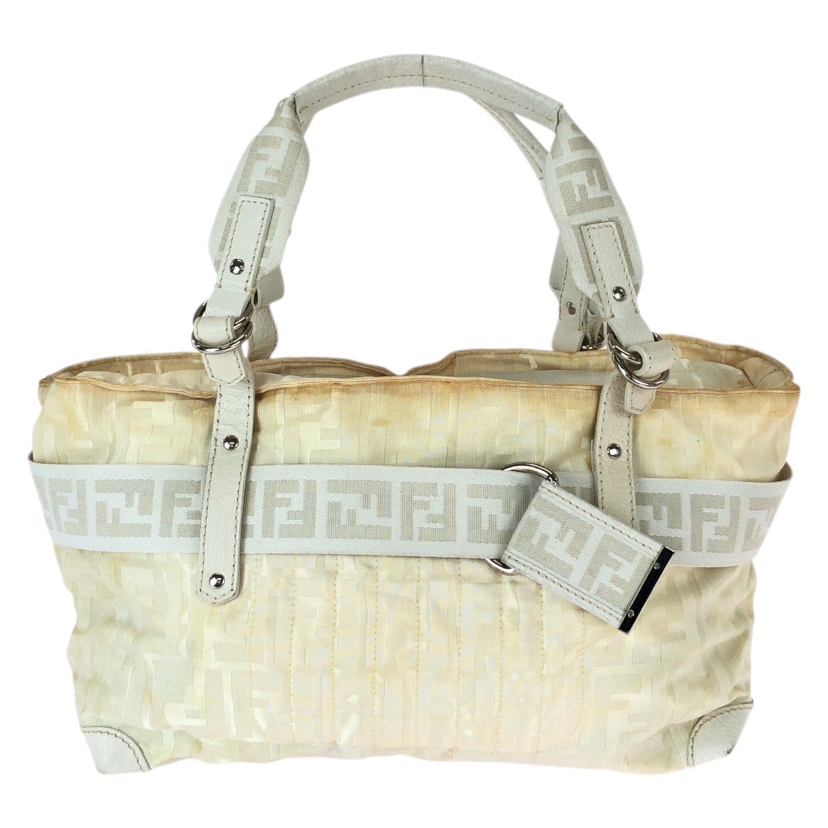 FENDI フェンディ ズッカ オフホワイト シルバー金具 ナイロン レザー/ トートバッグ ハンドバッグ 601104 【中古】