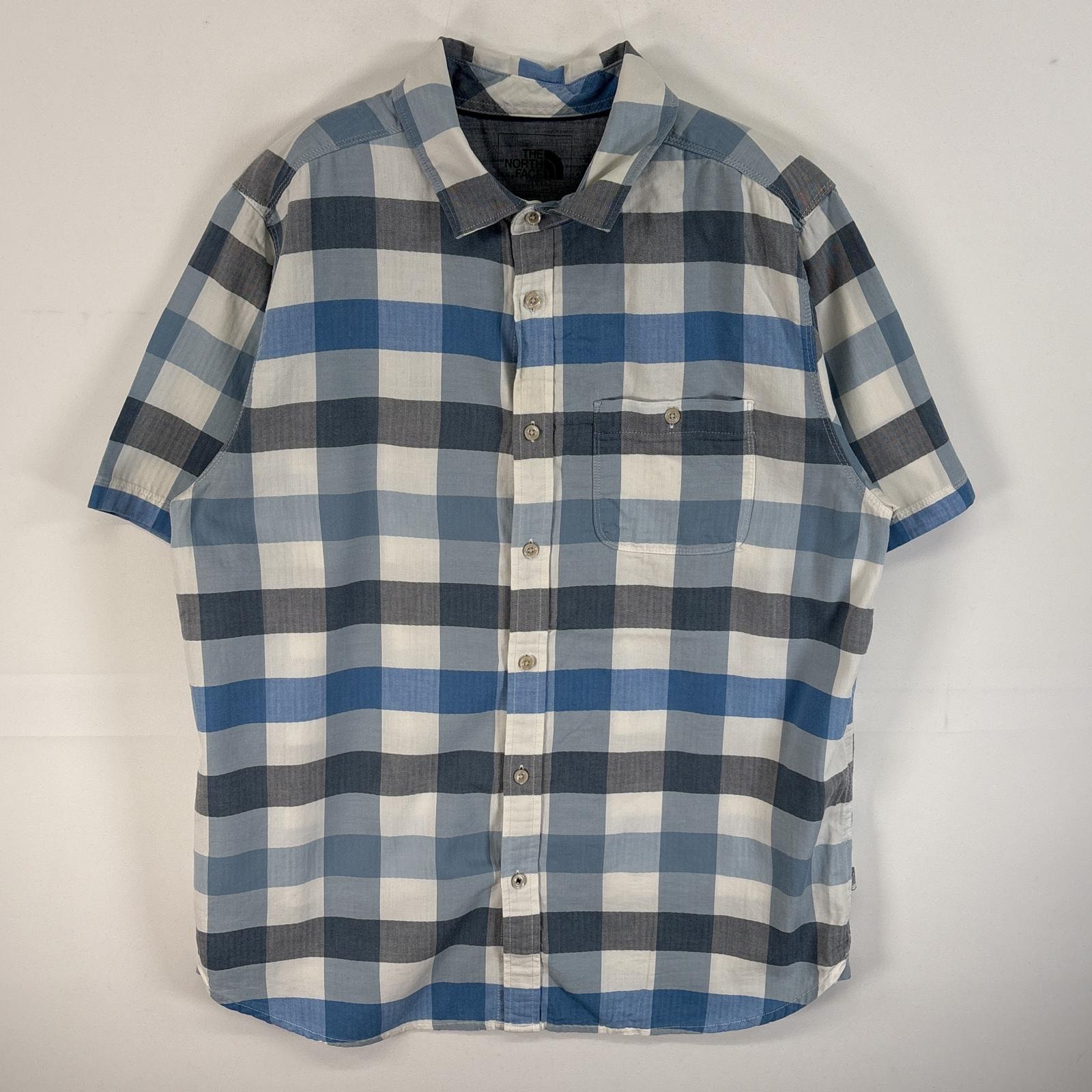 古着 ザ・ノースフェイス THE NORTH FACE ヘリンボーン 半袖シャツ チェック 胸ポケ ワンポイント ロゴ L ブルー系 マルチカラー メンズ