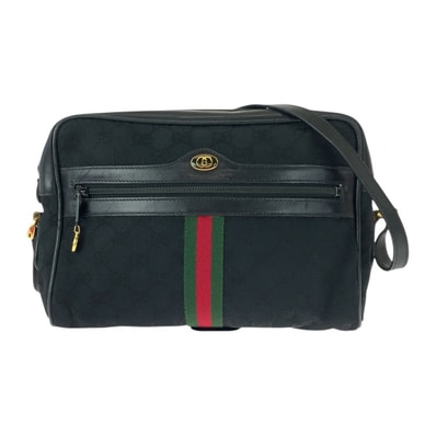 GUCCI グッチ ヴィンテージ オールドグッチ シェリーライン ブラック 黒 ゴールド金具 GGキャンバス レザー/ ショルダーバッグ ポシェット 505602 【中古】