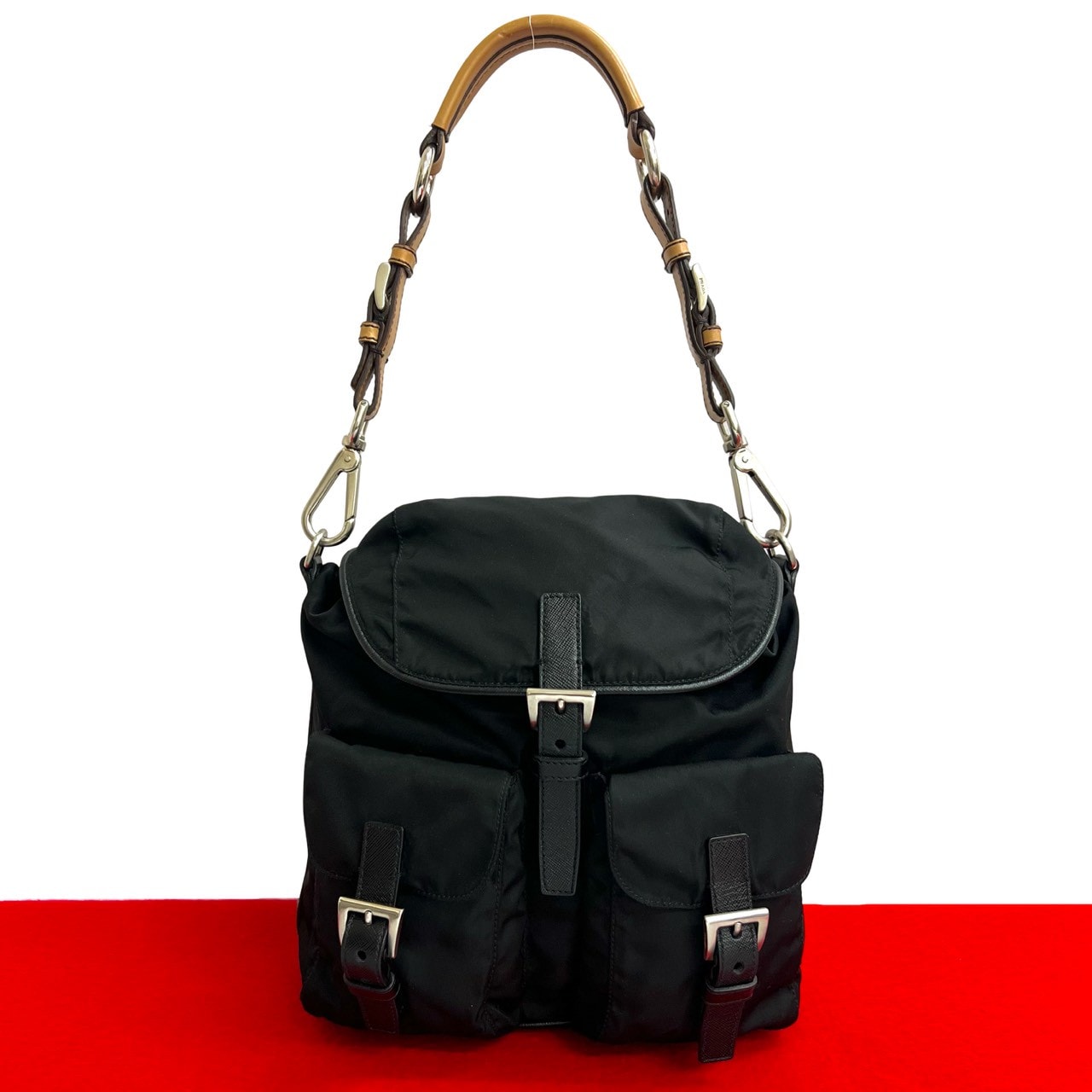 PRADA プラダ 三角ロゴ 金具 レザー ナイロン ショルダーバッグ ブラック
 16022