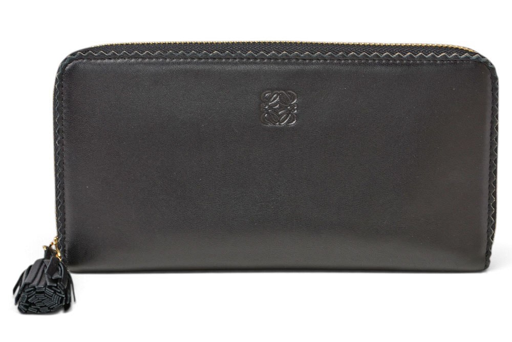 ロエベ 財布 ヴィンテージ LOEWE 長財布 アナグラム ラムレザー ブラック/パープル タッセル【中古】