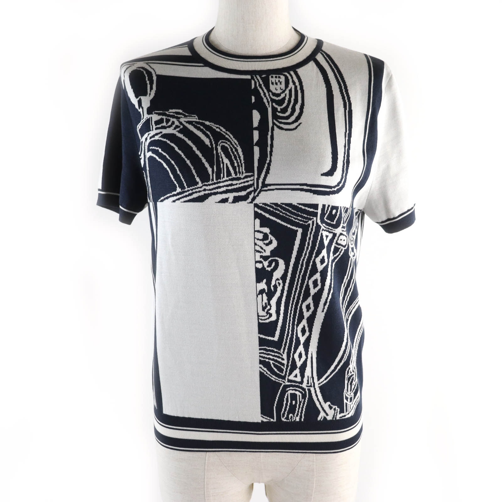 未使用品 エルメス
 半袖ニット 無秩序 ネイビー ホワイト レディース 38