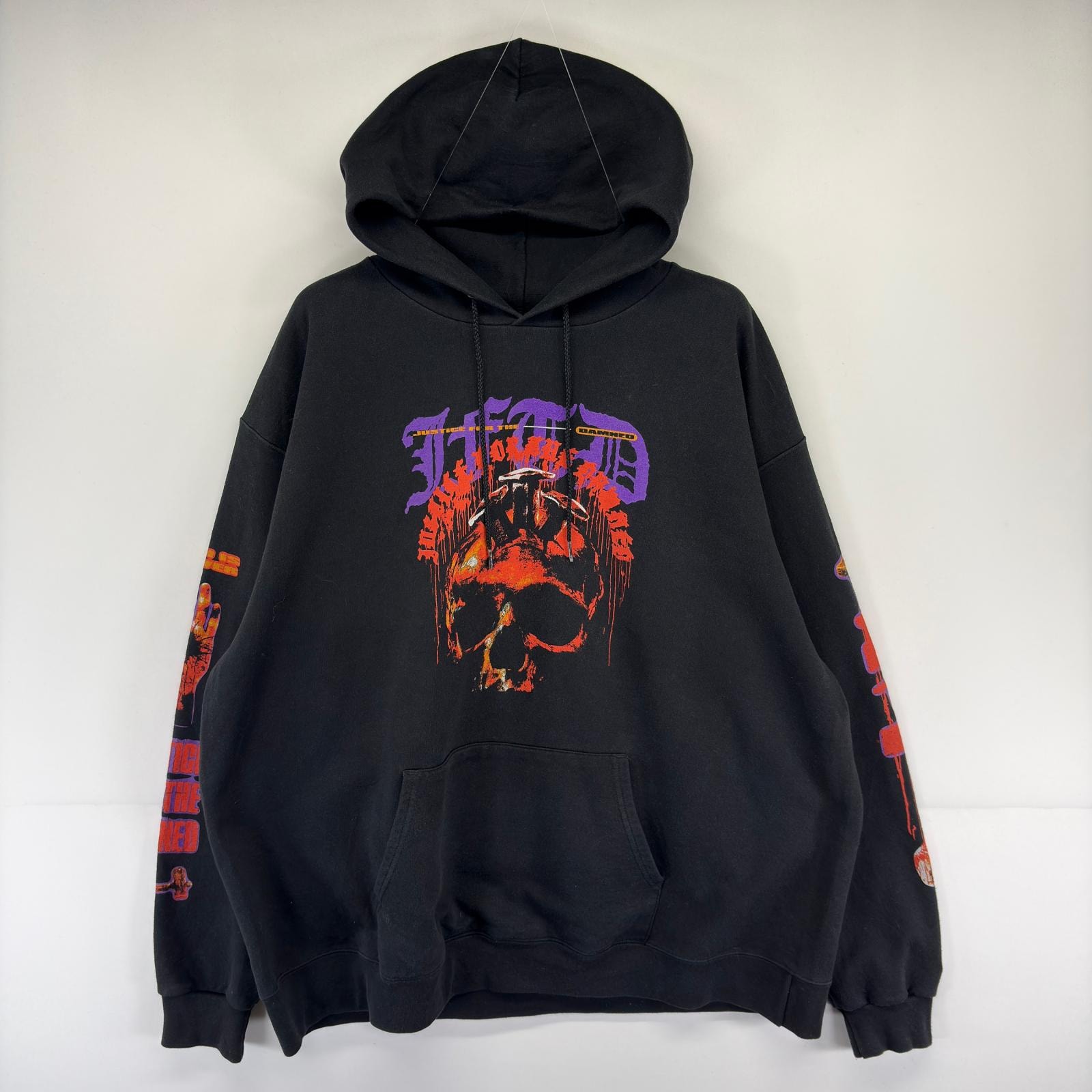 古着 チャンピオン Champion パーカー プルオーバー プリント 大きいサイズ ドクロ 2XL  ブラック系 メンズ