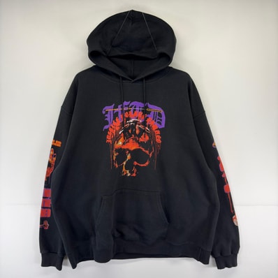古着 チャンピオン Champion パーカー プルオーバー プリント 大きいサイズ ドクロ 2XL ブラック系 メンズ