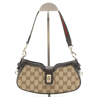 GUCCI(グッチ)ムーンサイド ミニ GGキャンバス ショルダーバッグ ワンショルダー ベージュ×ブラウン ウェブストライプ 76015 525040【中古】