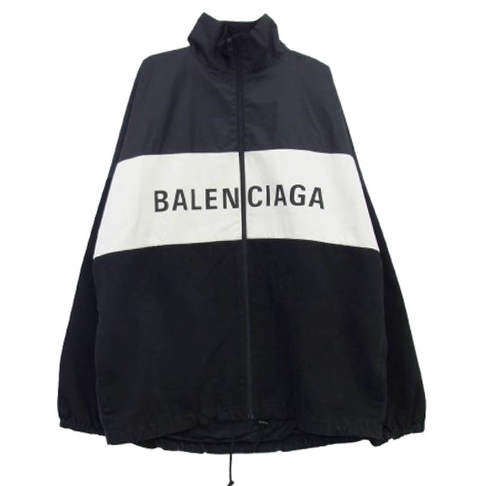 BALENCIAGA バレンシアガ ジャケット 21SS 529213 TBQ03 デニム切替 ポプリン ロゴプリント トラックジャケット ブラック系 オフホワイト系 36【中古】