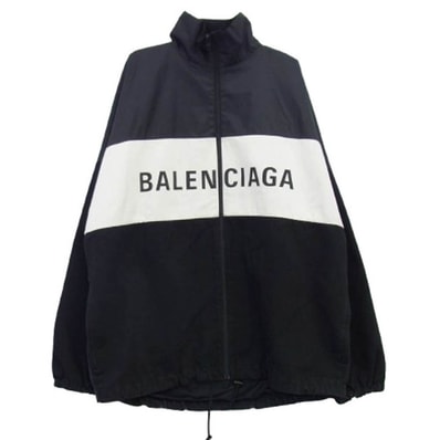 BALENCIAGA バレンシアガ ジャケット 21SS 529213 TBQ03 デニム切替 ポプリン ロゴプリント トラックジャケット ブラック系 オフホワイト系 36【中古】
