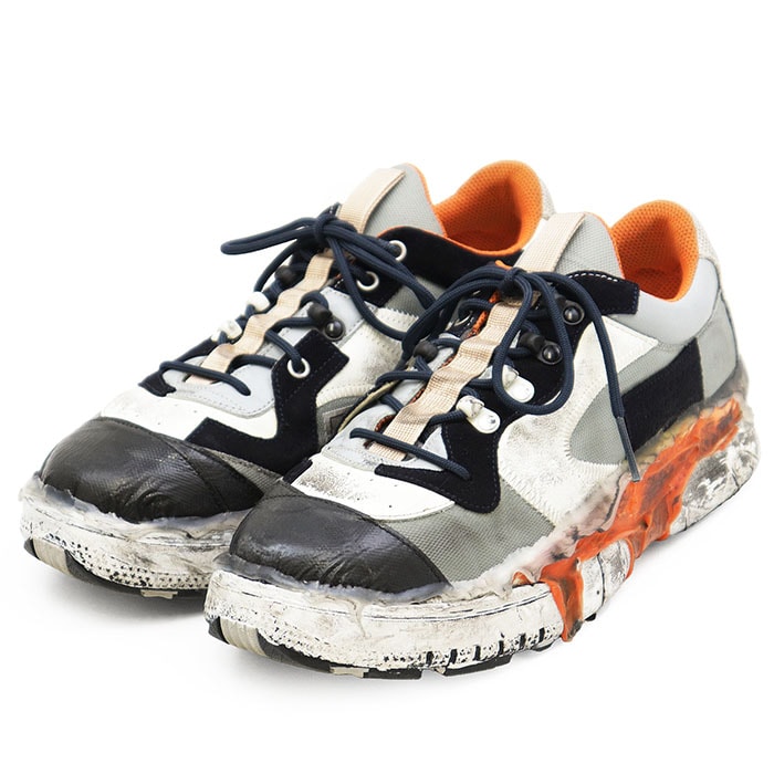 【美品】Maison Margiela メゾン・マルジェラ パッチワーク スニーカー メンズ 41 カレンダータグ 22 デストロイ スエード メッシュ カーフスキン コンビネーション ハンドペイントラバーソール ローカット シューズ マルチカラー イタリア製