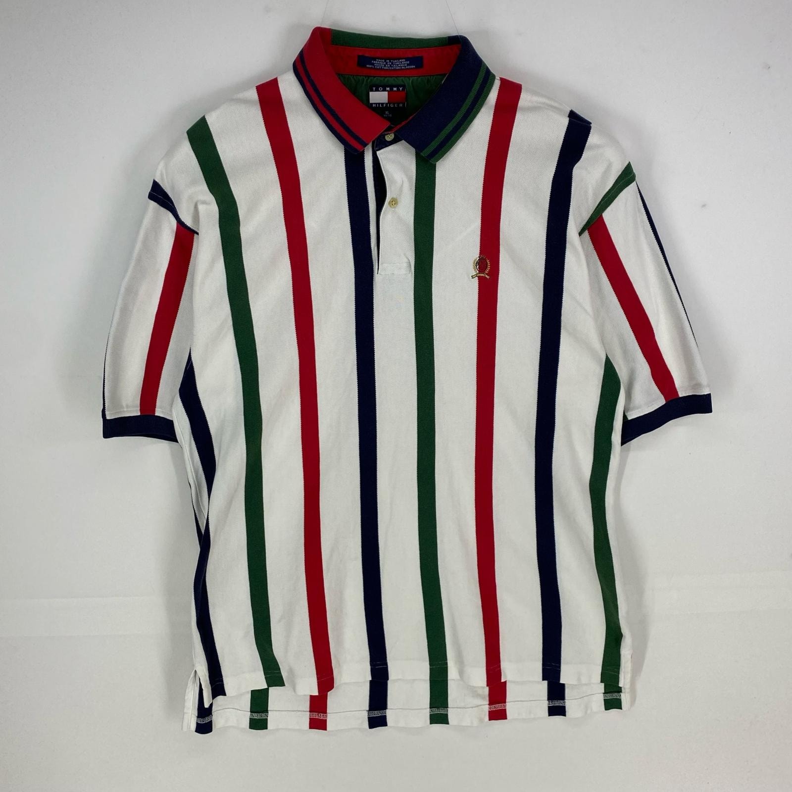 古着 90's/90年代 トミーヒルフィガー TOMMY HILFIGER 鹿の子 半袖シャツ ワンポイント ポロシャツ XL ホワイト系 ストライプ メンズ