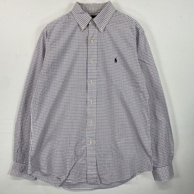 古着 90's/90年代 ラルフローレン RALPH LAUREN 長袖シャツ ボタンダウン ワンポイントロゴ刺繍 M ホワイト系 チェック メンズ