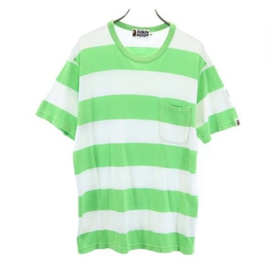 A BATHING APE アベイシングエイプ 日本製 ボーダー 半袖 Tシャツ M 黄緑x白 ベイプ ポケット