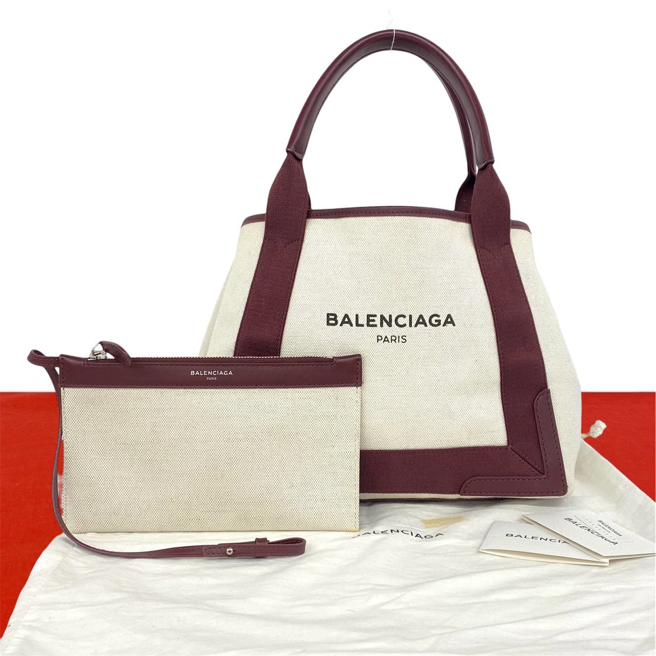 BALENCIAGA バレンシアガ ネイビー カバス キャンバス レザー ハンドバッグ ワインレッド
 06672