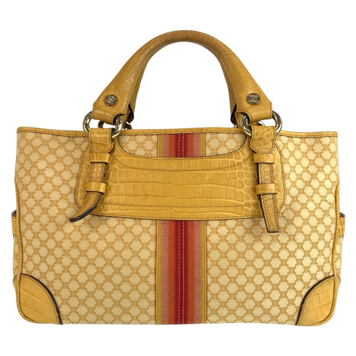 CELINE セリーヌ ヴィンテージ マカダム柄 イエロー キャンバス レザー/ ハンドバッグ トートバッグ 1-0289568 【中古】