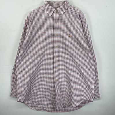 古着 ラルフローレン RALPH LAUREN 長袖シャツ ボタンダウン ワンポイントロゴ刺繍 オックスフォード 16 2/1 L-XL レッド系 チェック メンズ