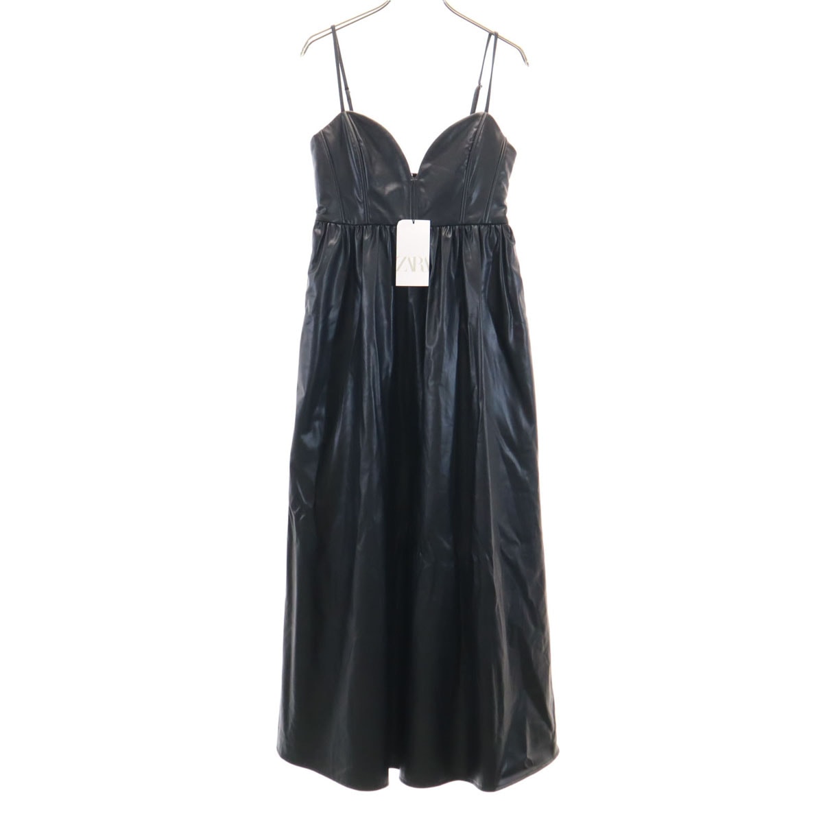 ZARA ザラ 未使用 フェイクレザー ロング キャミワンピース S ブラック系 タグ付き