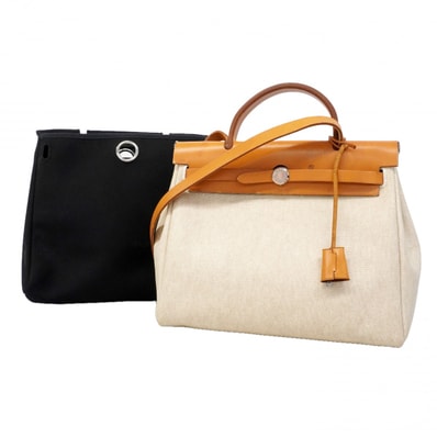 ★最終価格【6fa1736】エルメス ハンドバッグ エールバッグPM トワルアッシュ ナチュラル シルバー金具 □E刻印 2wayバッグ【中古】レディース