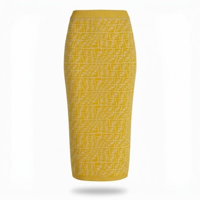 美品 FENDI フェンディ 2021 ズッカ柄 ニットスカート FF Logo Pencil Skirt イエロー レーヨン ポリエステル/ スカート A3-00060 【中古】