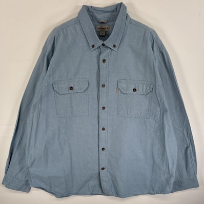 古着 カーハート Carhartt 長袖シャツ ボタンダウンシャツ ワンポイント ロゴ フラップポケ 2XL 水色 無地 メンズ