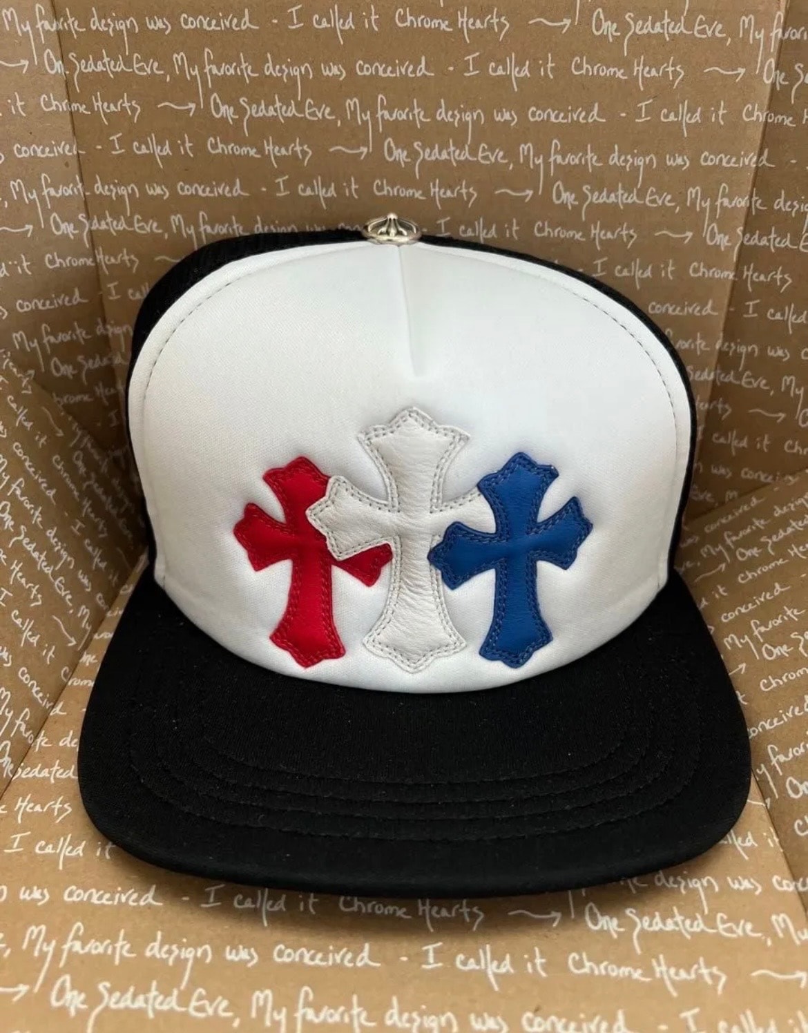 Chrome Hearts 3 Cross Patches Trucker Cap "Black/White/Red/Blue"
