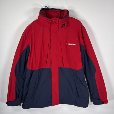 古着 トミーヒルフィガー TOMMY HILFIGER マウンテンパーカー 刺繍ロゴ 収納フード フリースライナー M レッド メンズ