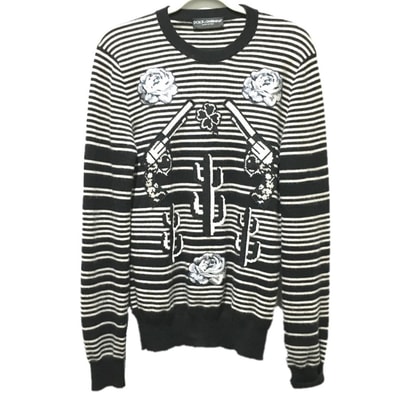 ドルチェアンドガッバーナ DOLCE&GABBANA フラワー サボテン ピストル GP003K ボーダー ワッペン 長袖 トップス セーター カシミヤ ブラック ブラック×ホワイト系