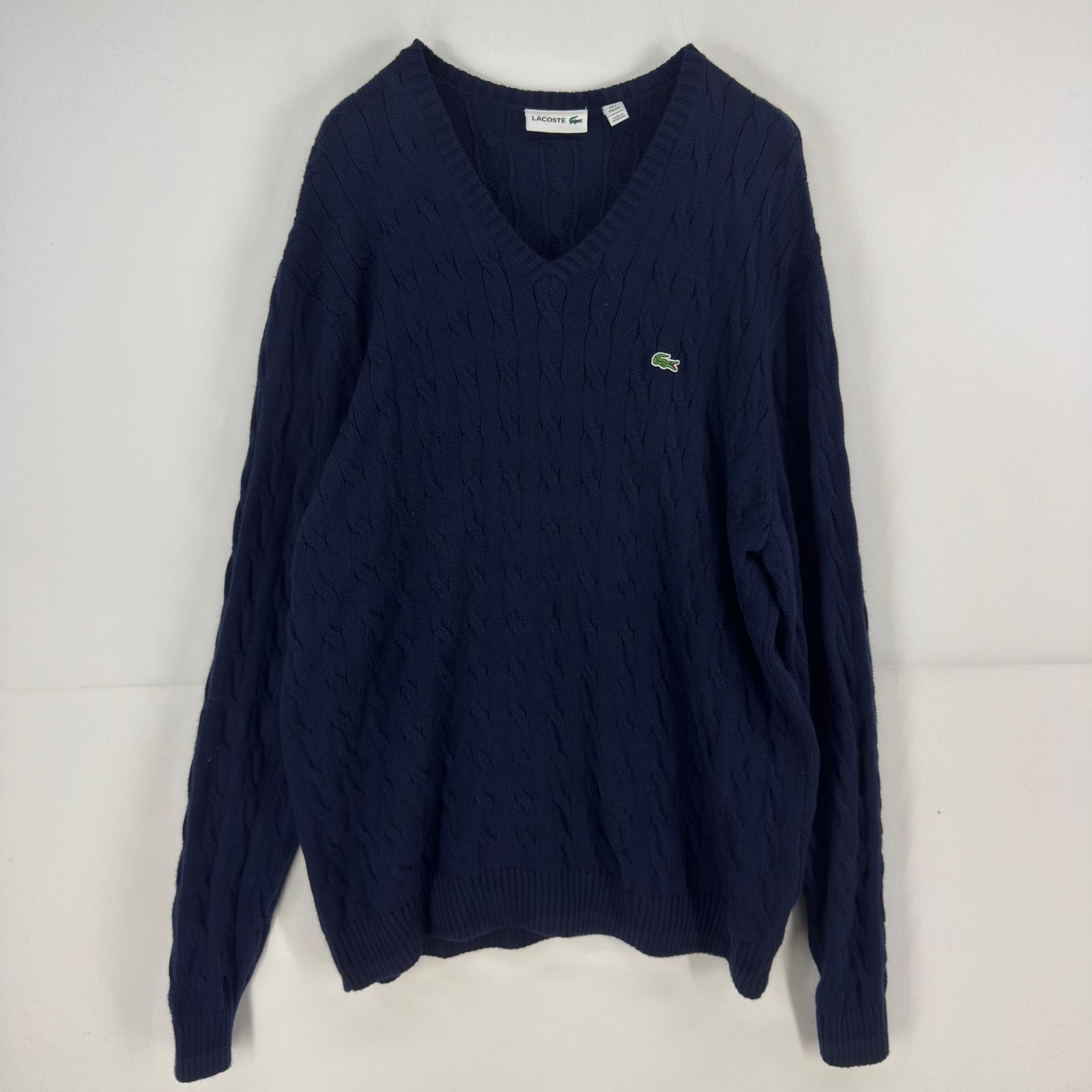 古着 ラコステ LACOSTE ニット セーター ワンポイント ロゴ Vネック 大きいサイズ ケーブルニット 2XL ネイビー メンズ