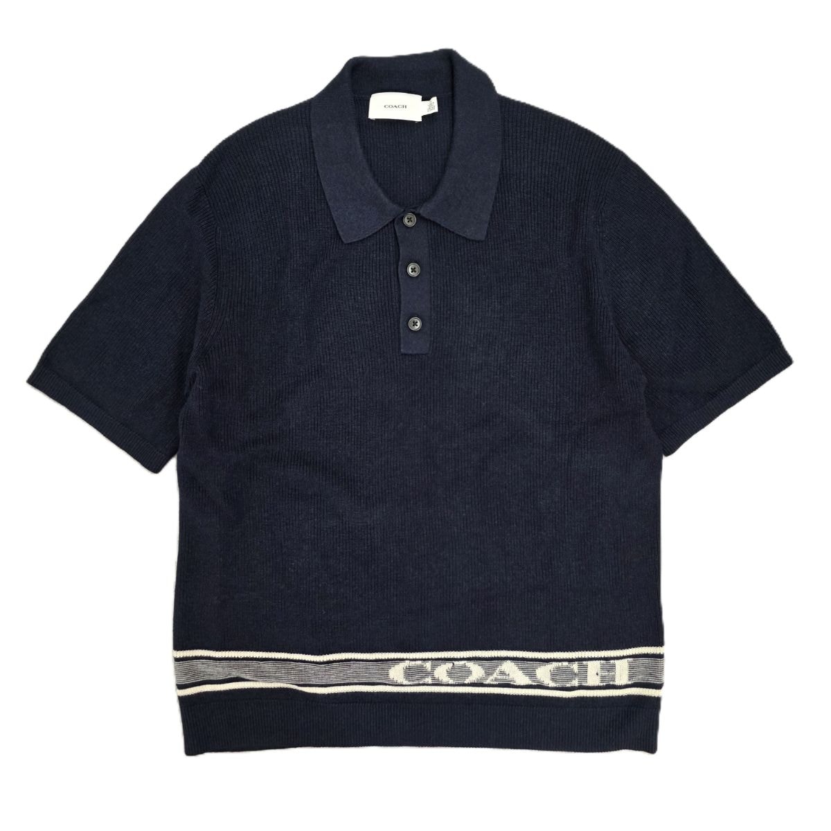 COACH コーチ カシミヤ混 コットンニット ニットポロシャツ ロゴ入り ニット M コットン カシミヤ ネイビー メンズ【中古】