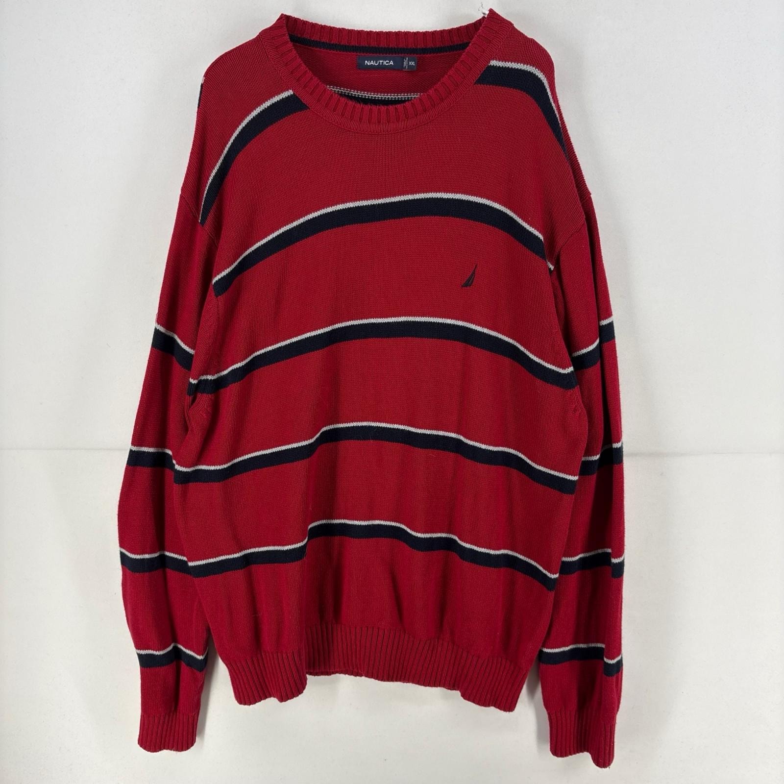 古着 ノーティカ NAUTICA ニット ワンポイント クルーネック セーター 大きいサイズ コットン 2XL  レッド ボーダー メンズ