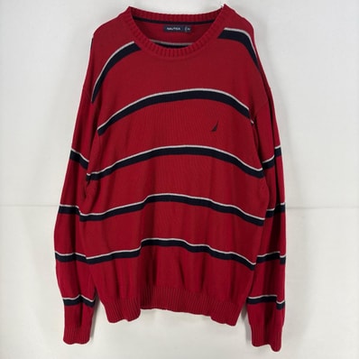 古着 ノーティカ NAUTICA ニット ワンポイント クルーネック セーター 大きいサイズ コットン 2XL レッド ボーダー メンズ