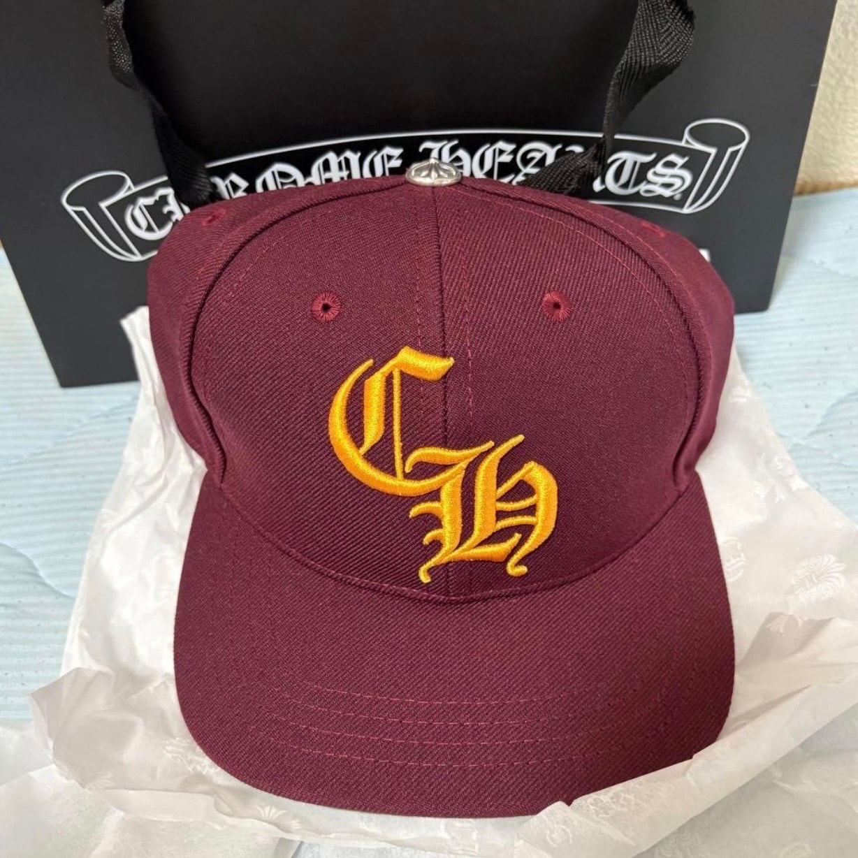 Chrome Hearts 6 Panel On Field CH White Baseball Cap "Bordeaux/Yellow"